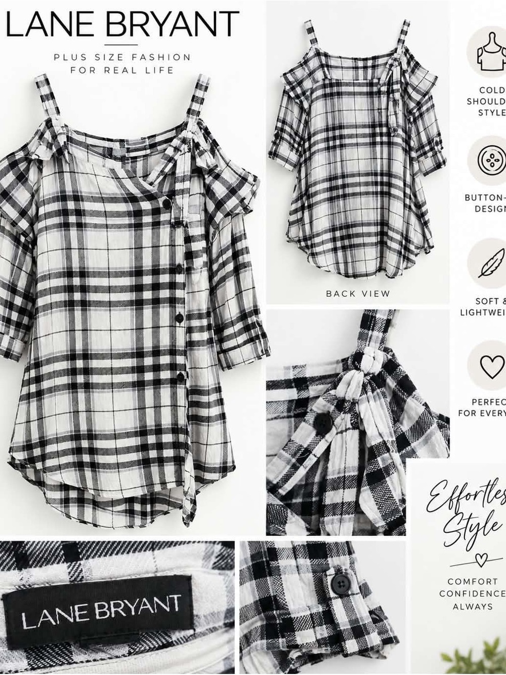 Lane Bryant Size 2X Plaid Cold Shoulder Tunic Top Black White Button Detail.